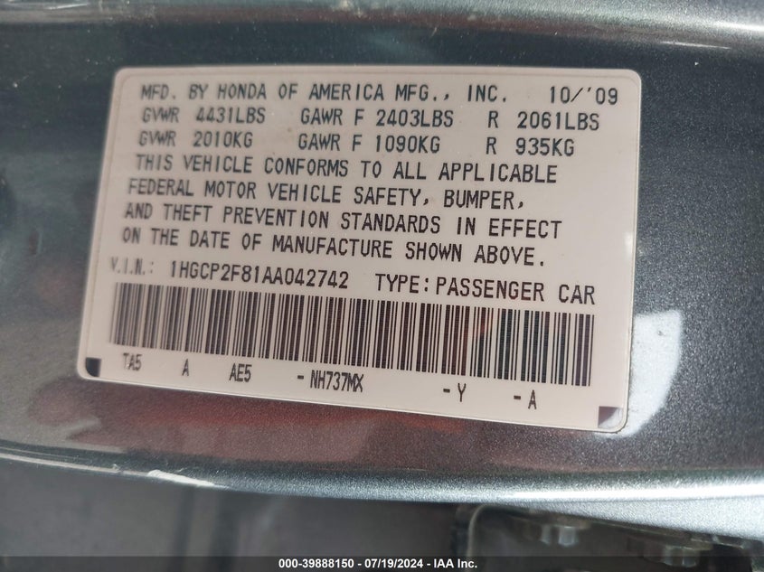 2010 Honda Accord Sdn 2.4 Ex-L/Ex-L VIN: 1HGCP2F81AA042742 Lot: 39888150