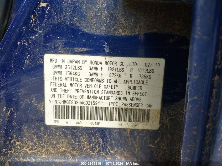 2010 Honda Fit VIN: JHMGE8G29AC021594 Lot: 39888151
