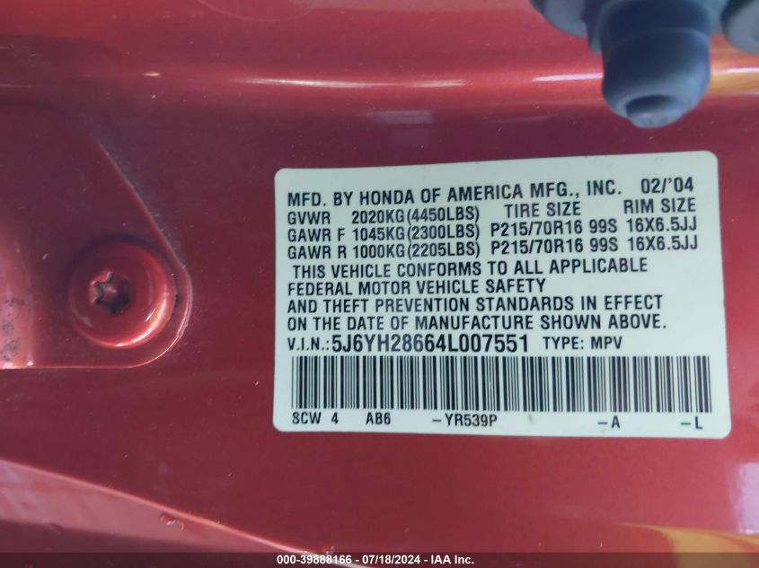 2004 Honda Element Ex VIN: 5J6YH28664L007551 Lot: 39888166