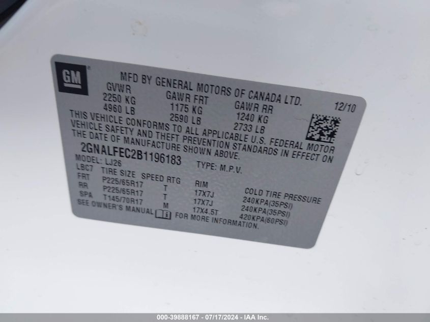 2011 Chevrolet Equinox Ltz VIN: 2GNALFEC2B1196183 Lot: 39888167