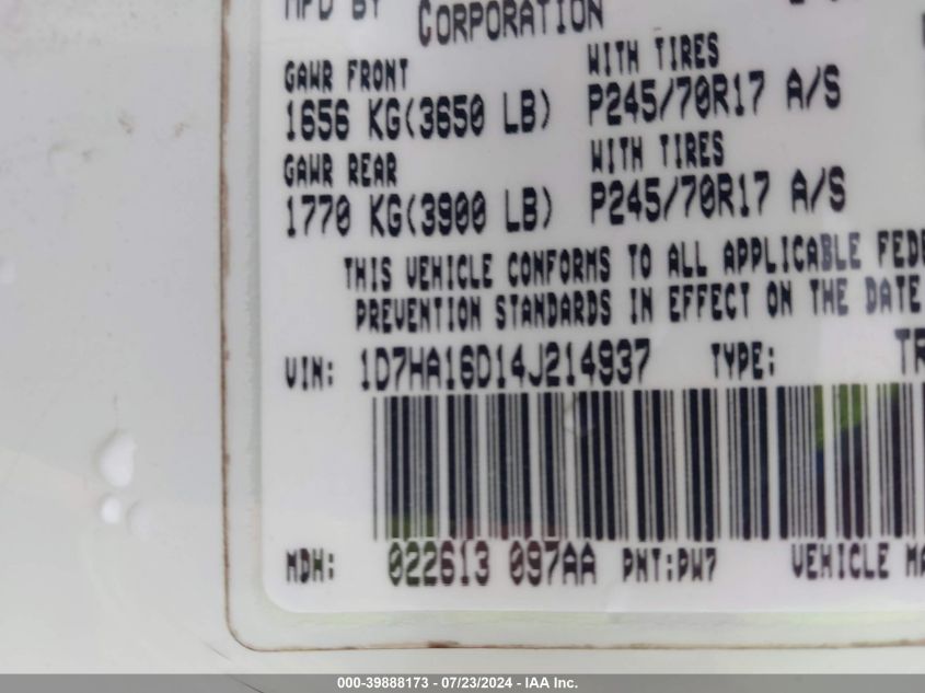 2004 Dodge Ram 1500 Slt/Laramie VIN: 1D7HA16D14J214937 Lot: 39888173