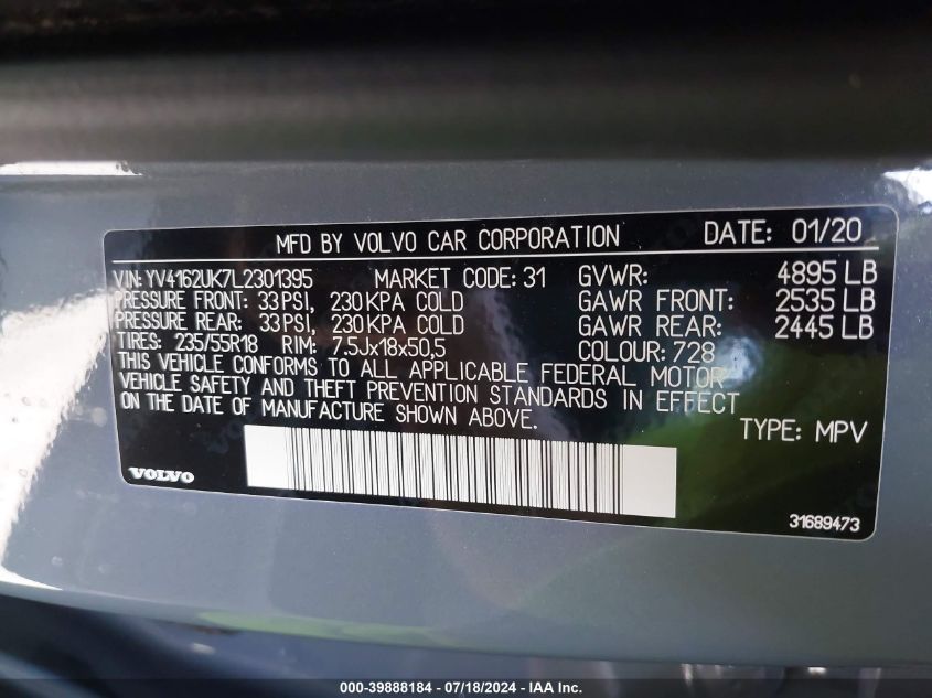 2020 Volvo Xc40 T5 Momentum VIN: YV4162UK7L2301395 Lot: 39888184