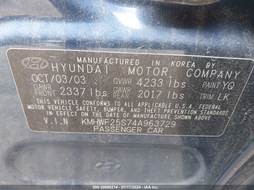 2004 Hyundai Sonata VIN: KMHWF25S74A963729 Lot: 39888214