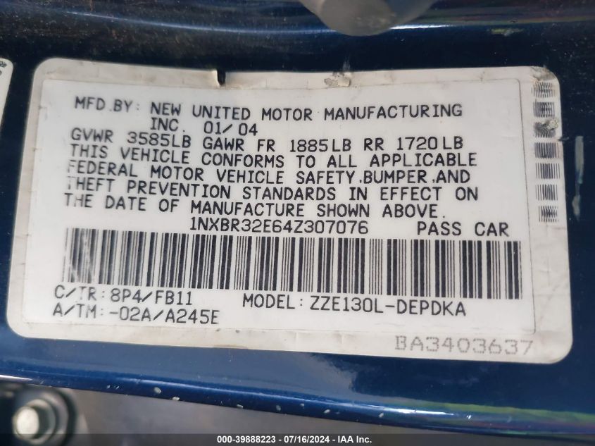 2004 Toyota Corolla Ce VIN: 1NXBR32E64Z307076 Lot: 39888223