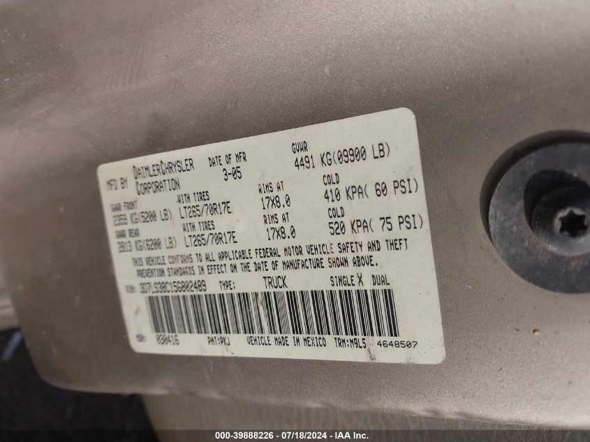 2005 Dodge Ram 3500 Slt/Laramie VIN: 3D7LS38C15G802489 Lot: 39888226