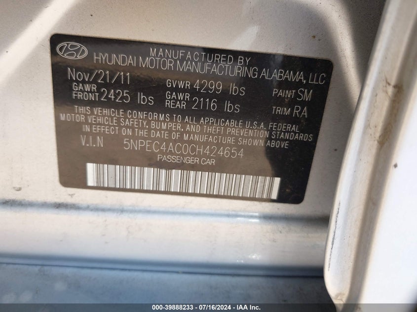 2012 Hyundai Sonata Limited VIN: 5NPEC4AC0CH424654 Lot: 39888233