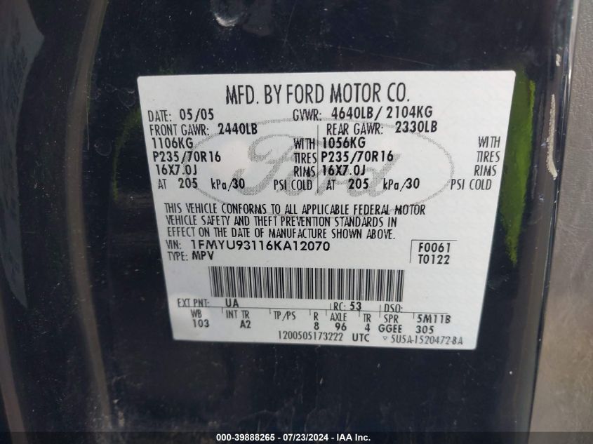 2006 Ford Escape Xlt/Xlt Sport VIN: 1FMYU93116KA12070 Lot: 39888265