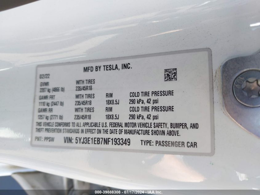 2022 Tesla Model 3 Long Range Dual Motor All-Wheel Drive VIN: 5YJ3E1EB7NF193349 Lot: 39888308