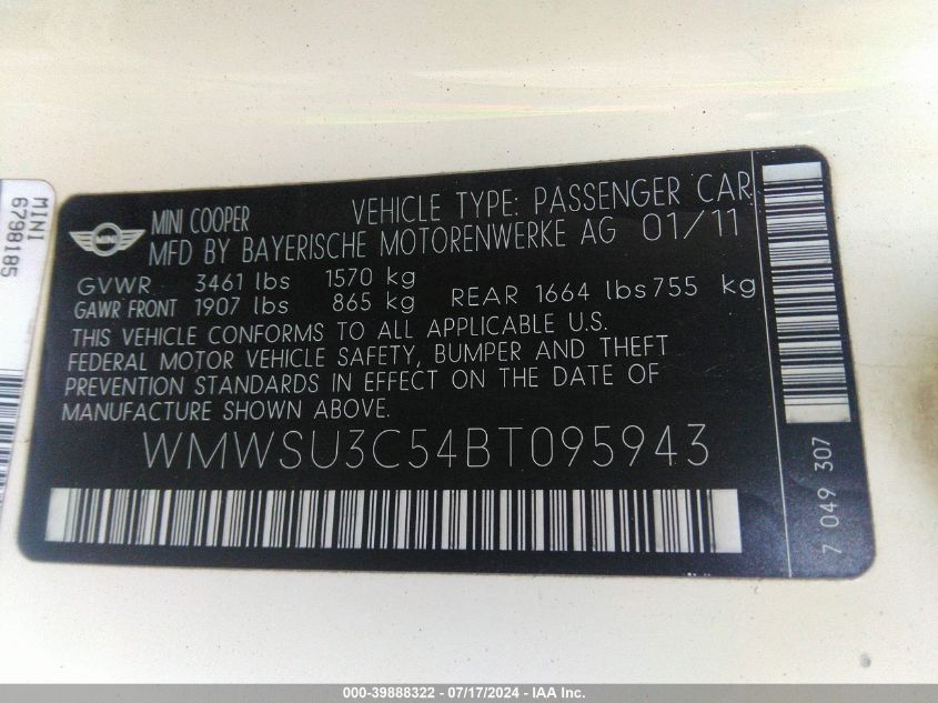 2011 Mini Cooper VIN: WMWSU3C54BT095943 Lot: 39888322
