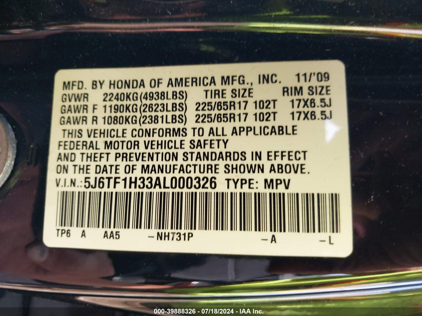 2010 Honda Accord Crosstour Ex VIN: 5J6TF1H33AL000326 Lot: 39888326