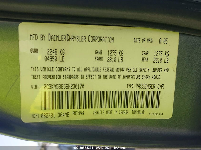 2006 Chrysler 300 Touring VIN: 2C3KA53G56H230170 Lot: 39888331