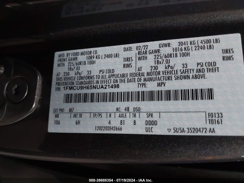 2022 Ford Escape Sel VIN: 1FMCU9H65NUA21498 Lot: 39888354