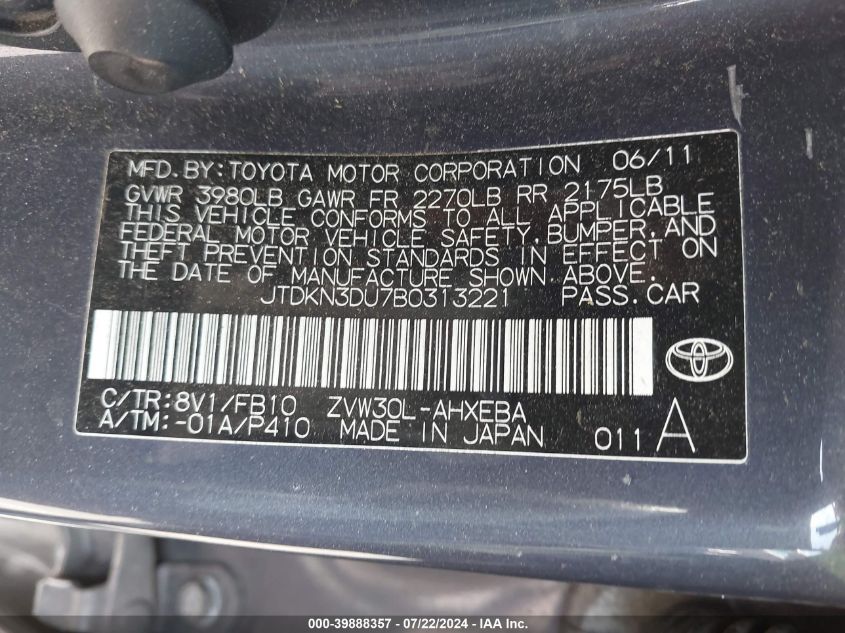 2011 Toyota Prius Three VIN: JTDKN3DU7B0313221 Lot: 39888357