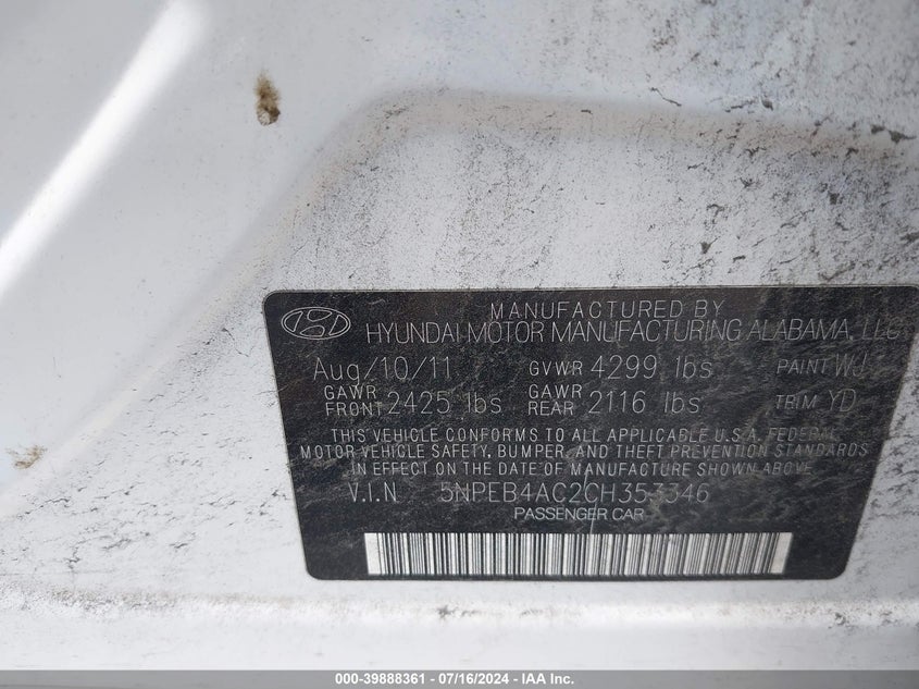 2012 Hyundai Sonata Gls VIN: 5NPEB4AC2CH353346 Lot: 39888361