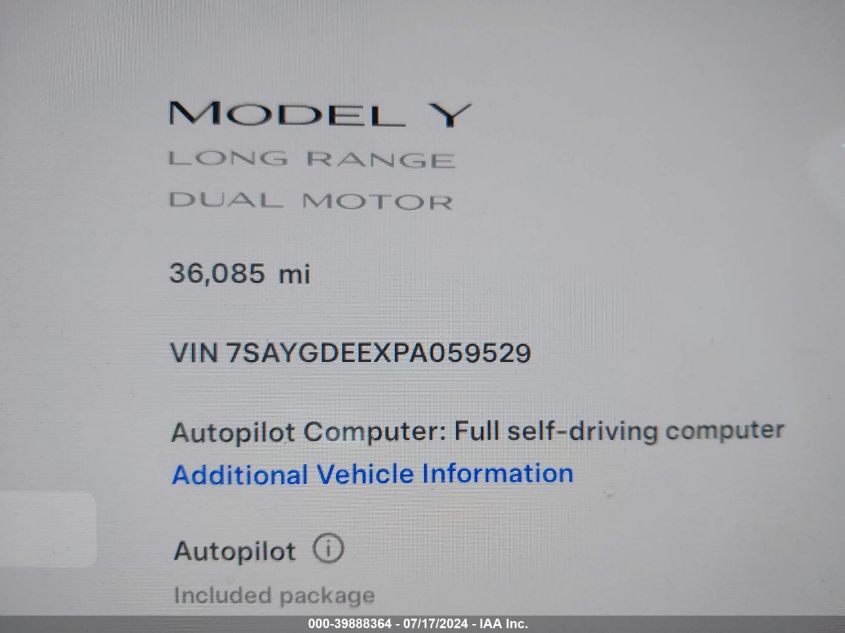 2023 Tesla Model Y VIN: 7SAYGDEEXPA059529 Lot: 39888364