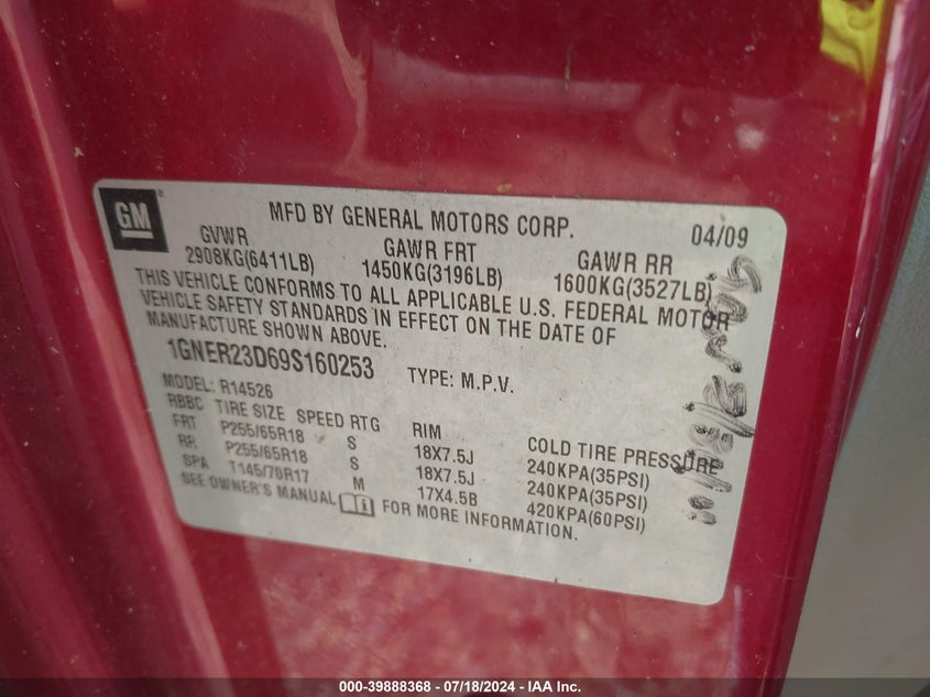 2009 Chevrolet Traverse Lt VIN: 1GNER23D69S160253 Lot: 39888368