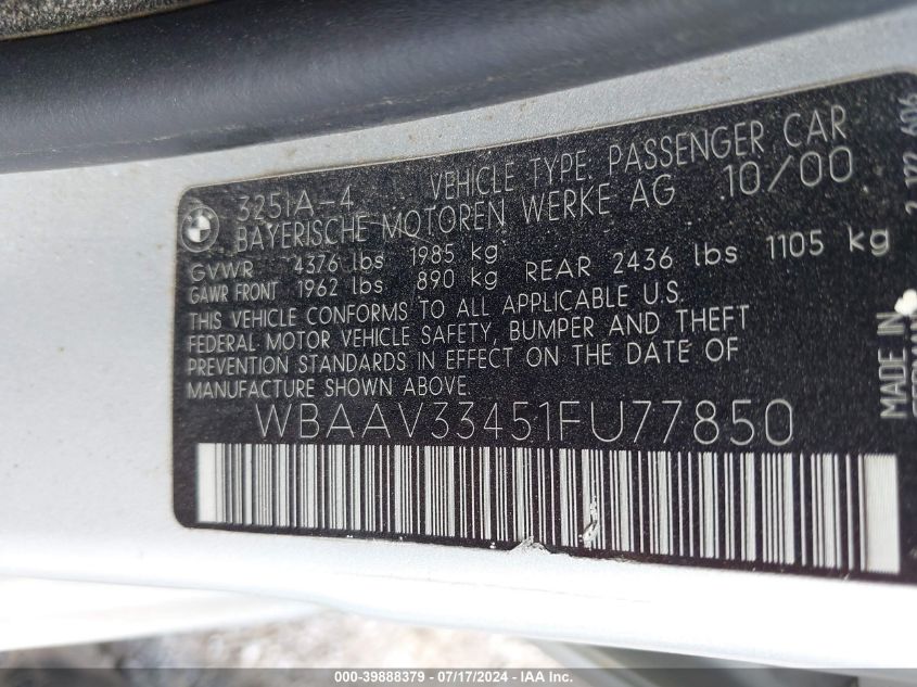 2001 BMW 325 I VIN: WBAAV33451FU7785 Lot: 39888379