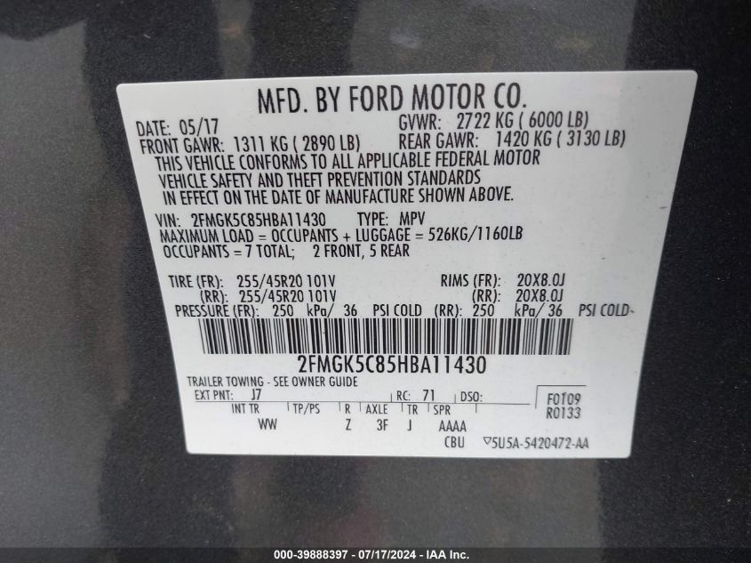 2017 Ford Flex Sel VIN: 2FMGK5C85HBA11430 Lot: 39888397