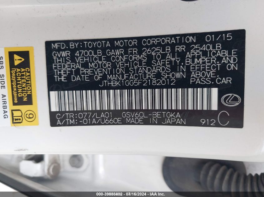 2015 Lexus Es 350 VIN: JTHBK1GG5F2182012 Lot: 39888402