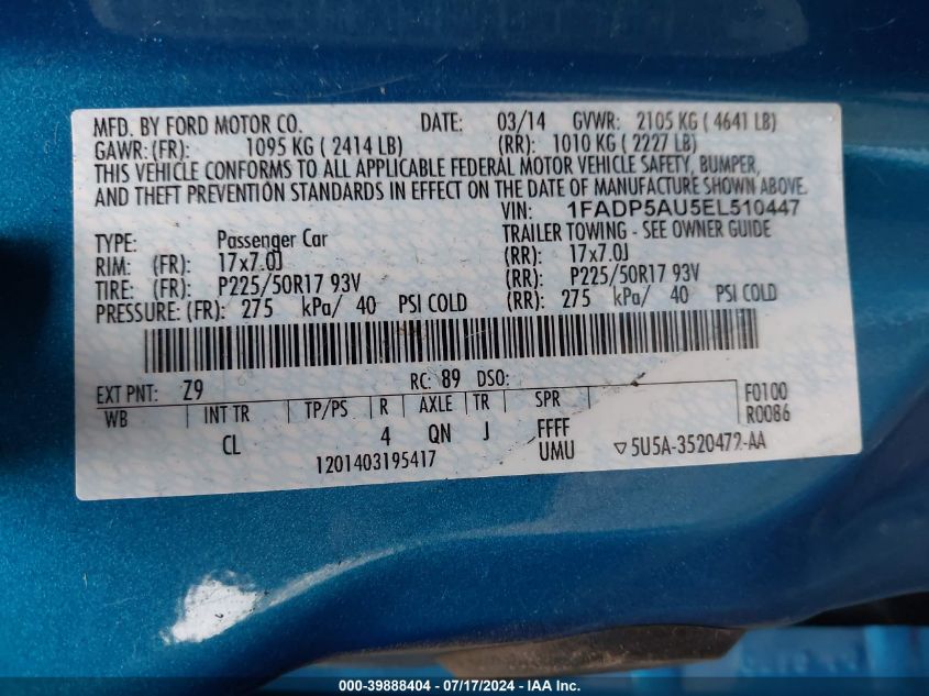 2014 Ford C-Max Hybrid Se VIN: 1FADP5AU5EL510447 Lot: 39888404