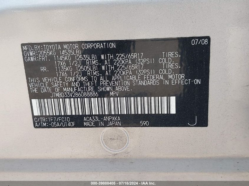 2008 Toyota Rav4 VIN: JTMBD33V286088886 Lot: 39888405