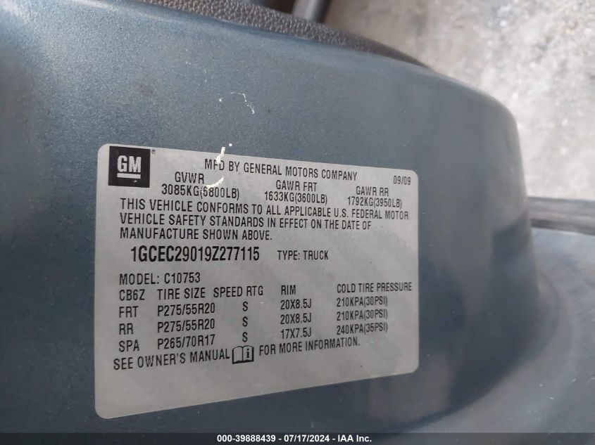 2009 Chevrolet Silverado 1500 C1500 Lt VIN: 1GCEC29019Z277115 Lot: 39888439