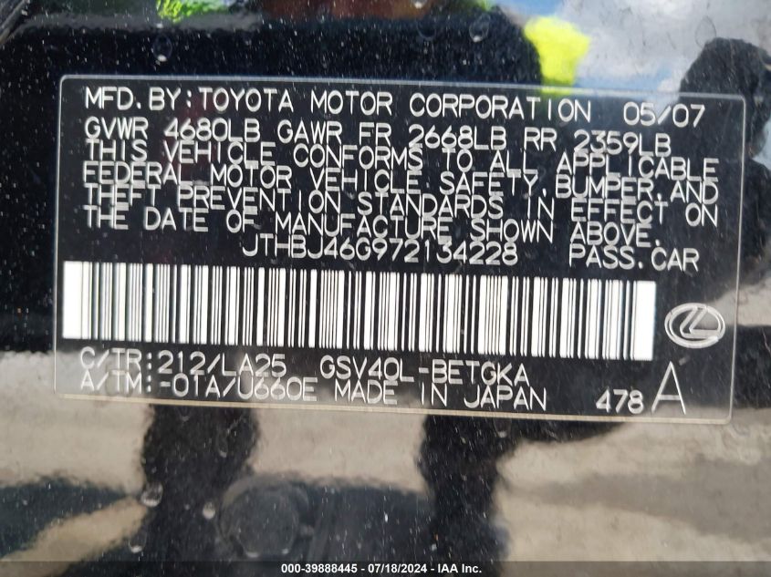 2007 Lexus Es 350 VIN: JTHBJ46G972134228 Lot: 39888445