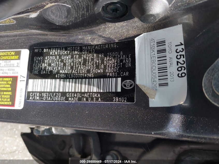 2013 TOYOTA AVALON PREMIUM/TOURING/LIMITED - 4T1BK1EB0DU054265