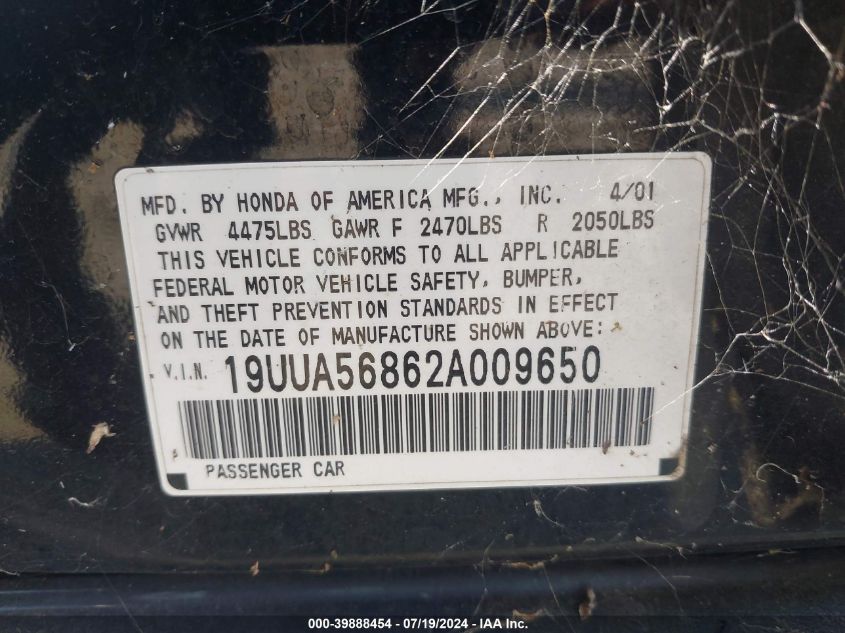 2002 Acura 3.2Tl Type-S VIN: 19UUA56862A009650 Lot: 39888454