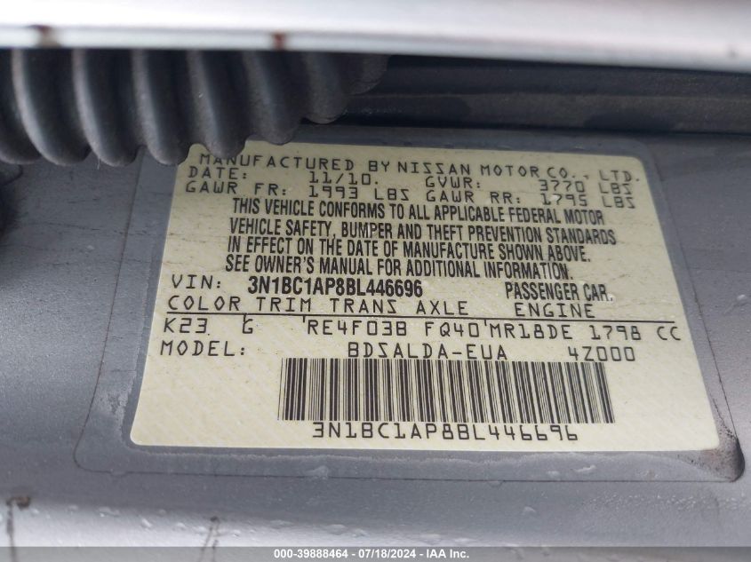 2011 Nissan Versa 1.8S VIN: 3N1BC1AP8BL446696 Lot: 39888464