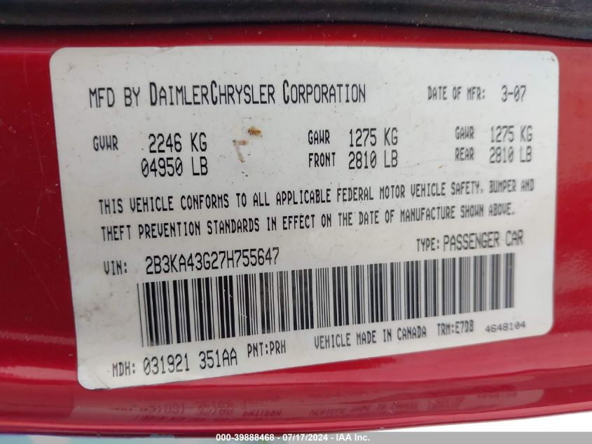 2007 Dodge Charger VIN: 2B3KA43G27H755647 Lot: 39888468