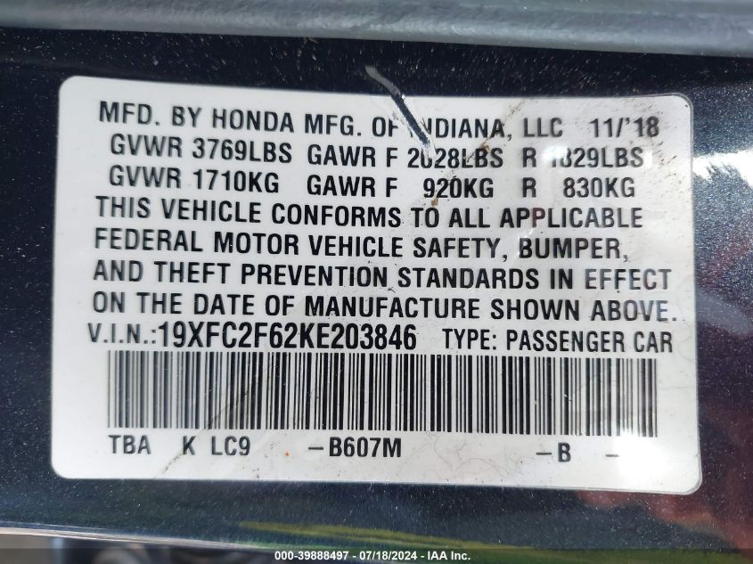 2019 Honda Civic Lx VIN: 19XFC2F62KE203846 Lot: 39888497