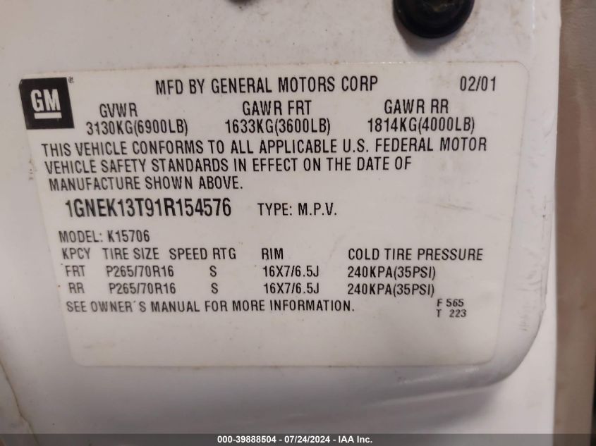 2001 Chevrolet Tahoe Lt VIN: 1GNEK13T91R154576 Lot: 39888504