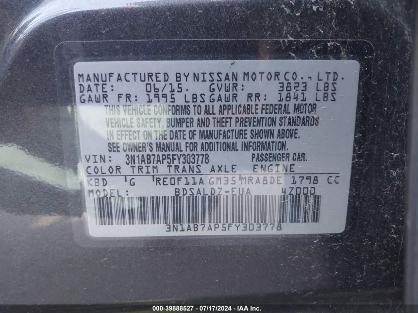 2015 Nissan Sentra Sv VIN: 3N1AB7AP5FY303778 Lot: 39888527