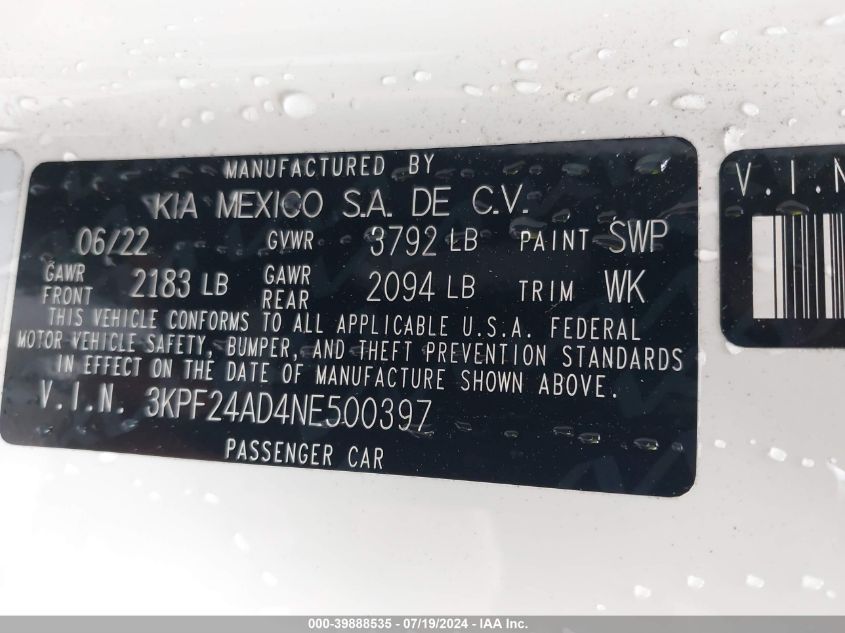 2022 Kia Forte Lxs VIN: 3KPF24AD4NE500397 Lot: 39888535