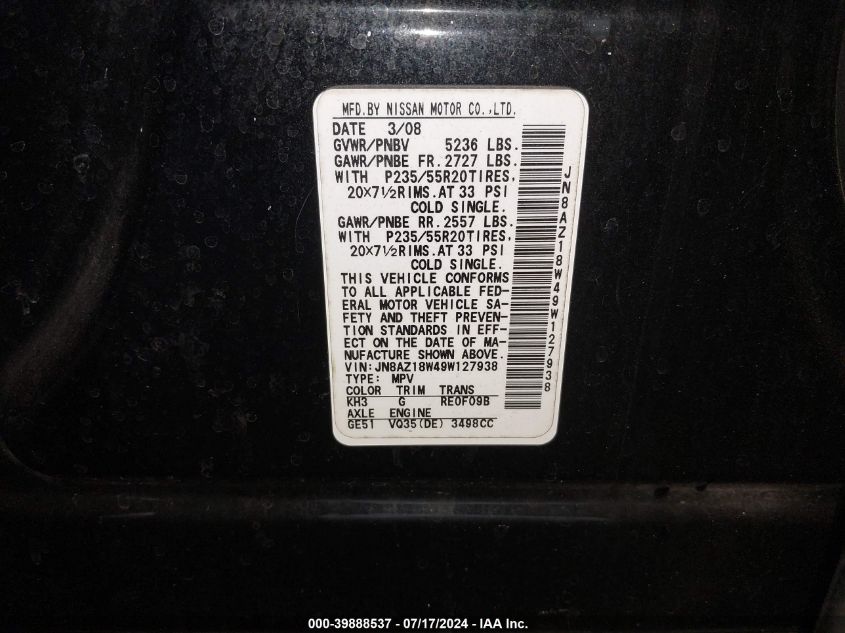 2009 Nissan Murano Le VIN: JN8AZ18W49W127938 Lot: 39888537