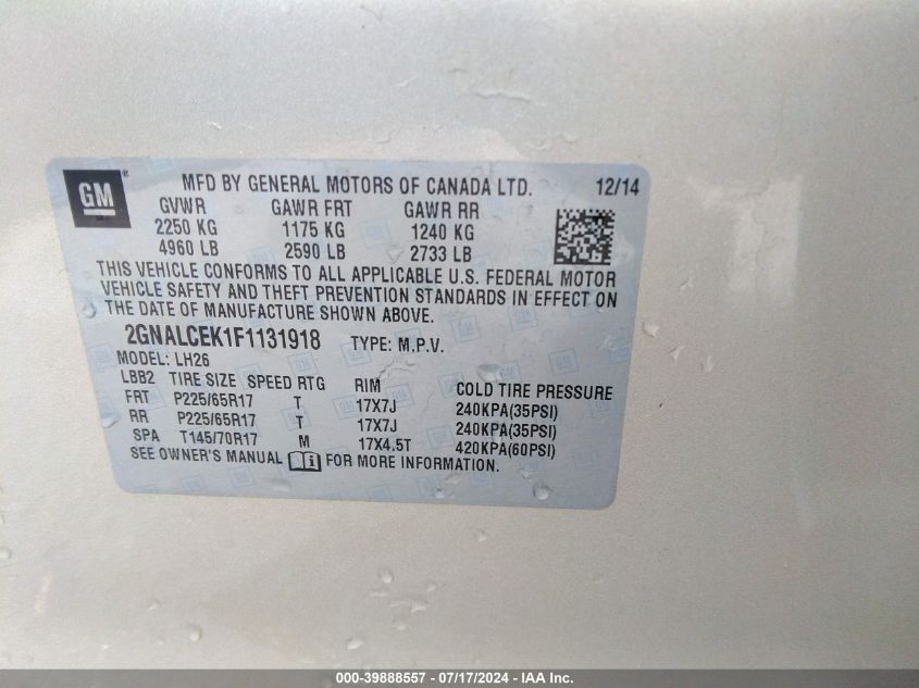 2015 Chevrolet Equinox 2Lt VIN: 2GNALCEK1F1131918 Lot: 39888557