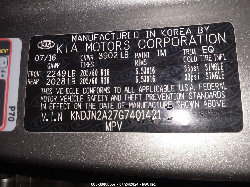 2016 Kia Soul VIN: KNDJN2A27G7401421 Lot: 39888567