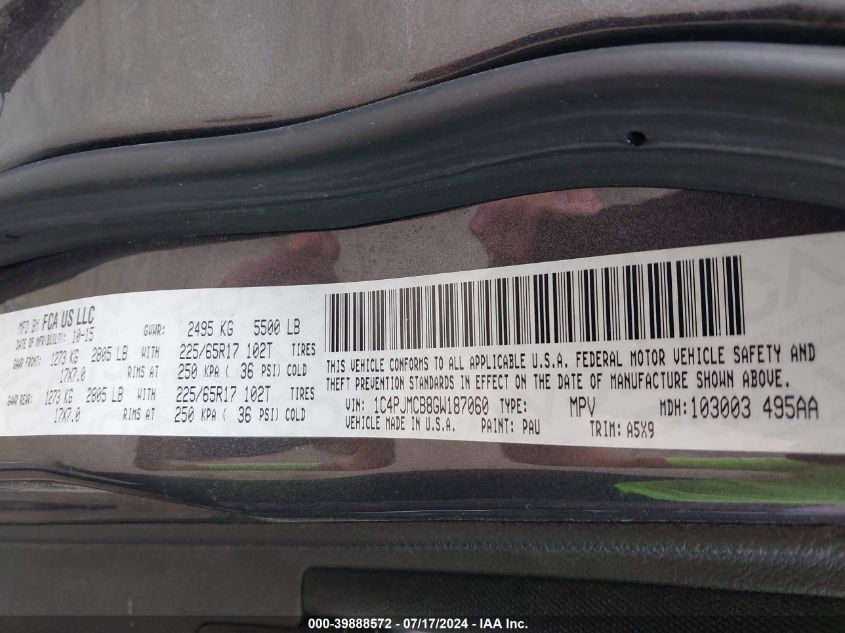 2016 Jeep Cherokee Latitude VIN: 1C4PJMCB8GW187060 Lot: 39888572