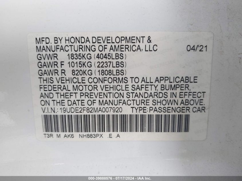 2021 Acura Ilx Premium A-Spec Packages/Technology A-Spec Packages VIN: 19UDE2F82MA007920 Lot: 39888576