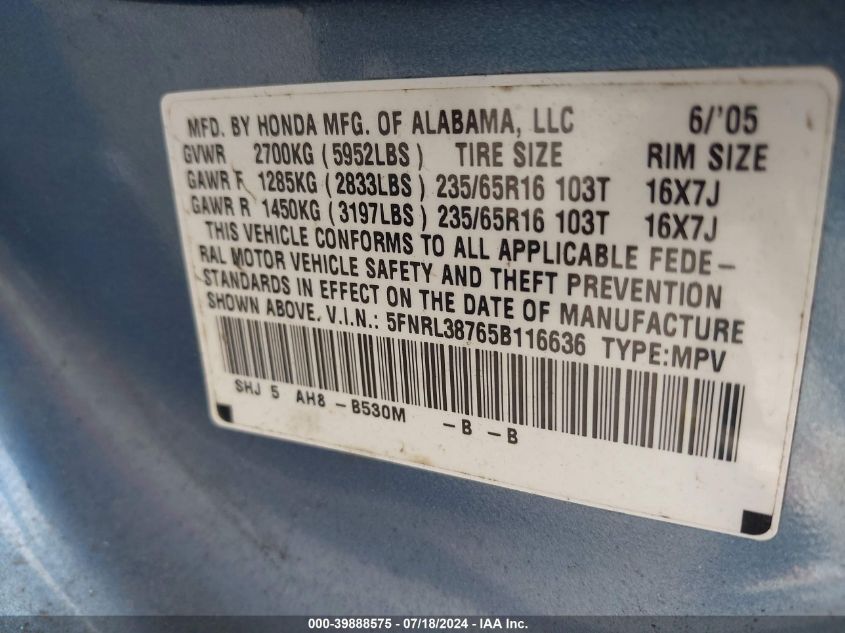 2005 Honda Odyssey Ex-L VIN: 5FNRL38765B116636 Lot: 39888575