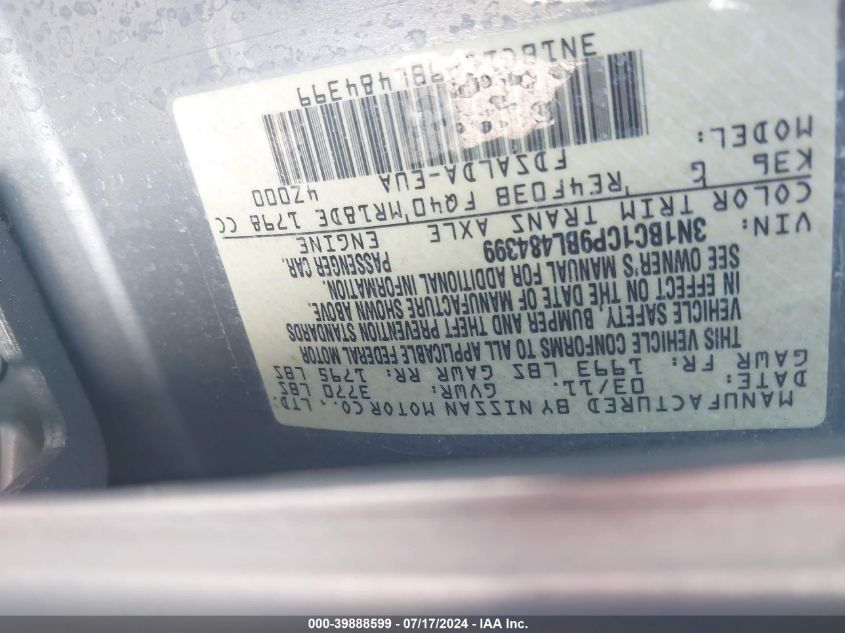 2011 Nissan Versa 1.8S VIN: 3N1BC1CP9BL484399 Lot: 39888599