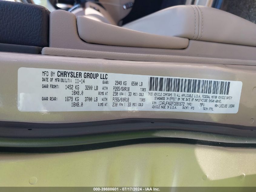 2015 Jeep Grand Cherokee Laredo VIN: 1C4RJFAG2FC691672 Lot: 39888601