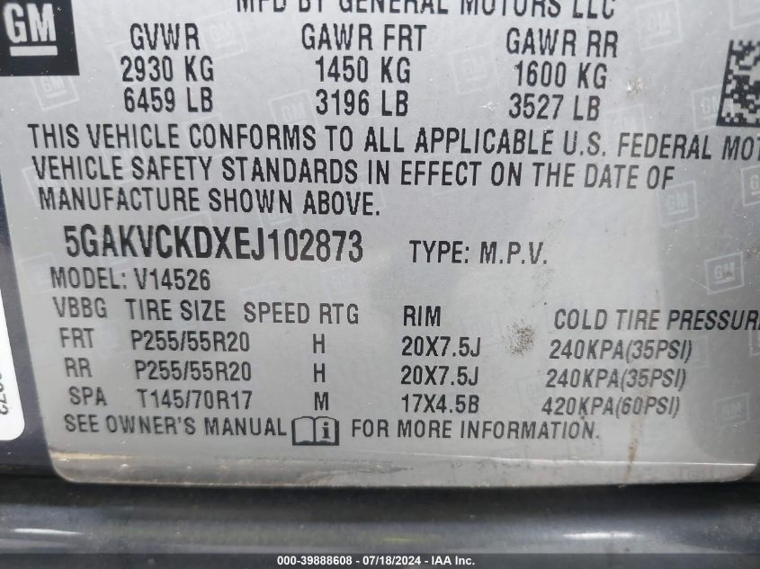 2014 Buick Enclave Premium VIN: 5GAKVCKDXEJ102873 Lot: 39888608