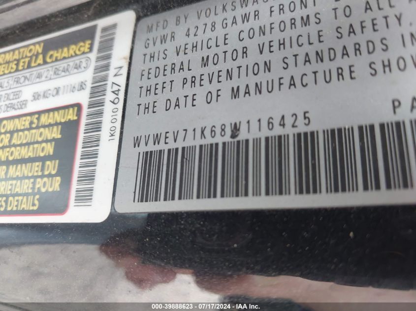 2008 Volkswagen Gti 2-Door VIN: WVWEV71K68W116425 Lot: 39888623