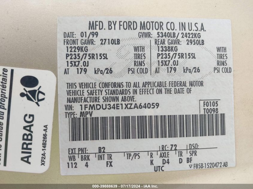 1999 Ford Explorer Eddie Bauer/Limited/Xlt VIN: 1FMDU34E1XZA64059 Lot: 39888639