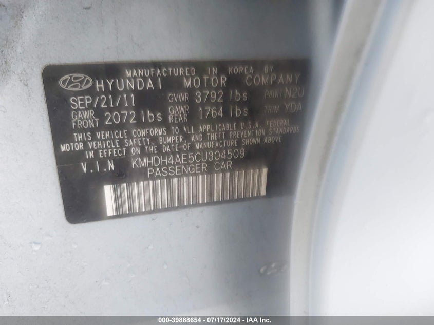 2012 Hyundai Elantra VIN: KMHDH4AP5CU304509 Lot: 39888654