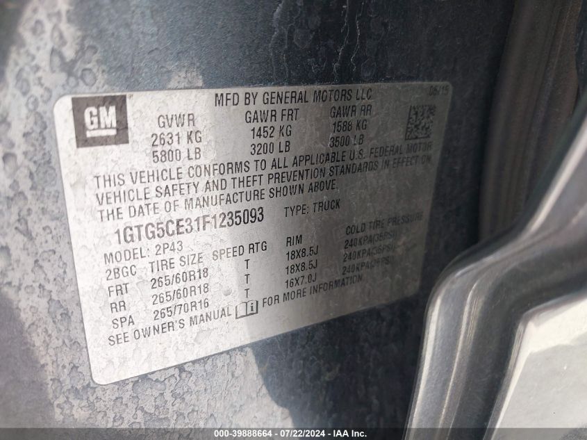 2015 GMC CANYON SLT - 1GTG5CE31F1235093