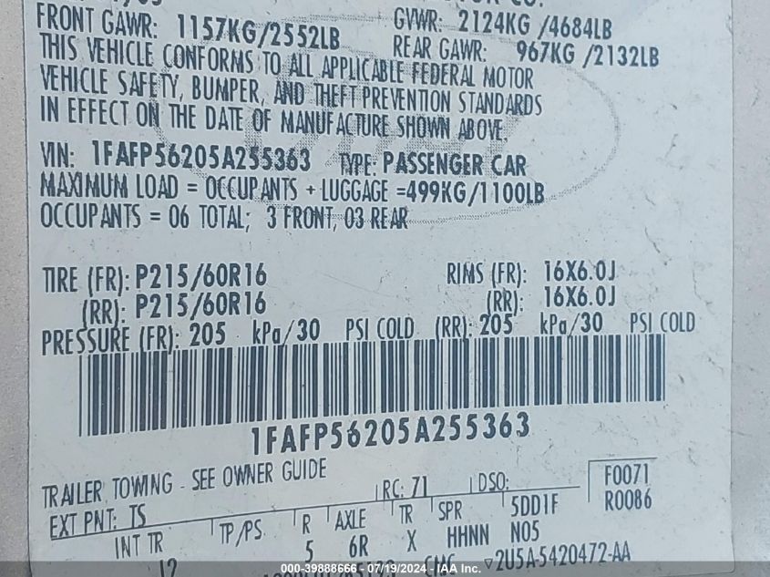 2005 Ford Taurus Sel VIN: 1FAFP56205A255363 Lot: 39888666