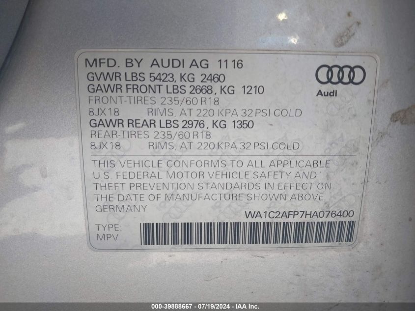 2017 Audi Q5 2.0T Premium VIN: WA1C2AFP7HA076400 Lot: 39888667